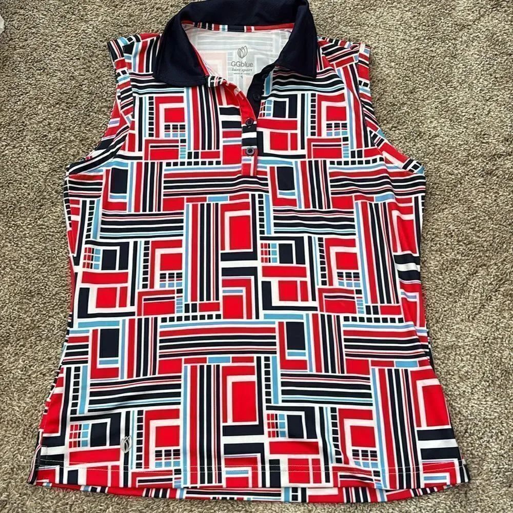 GGBlue Grace National Geometric Red Blue WhiteGolf Polo Tank Size S